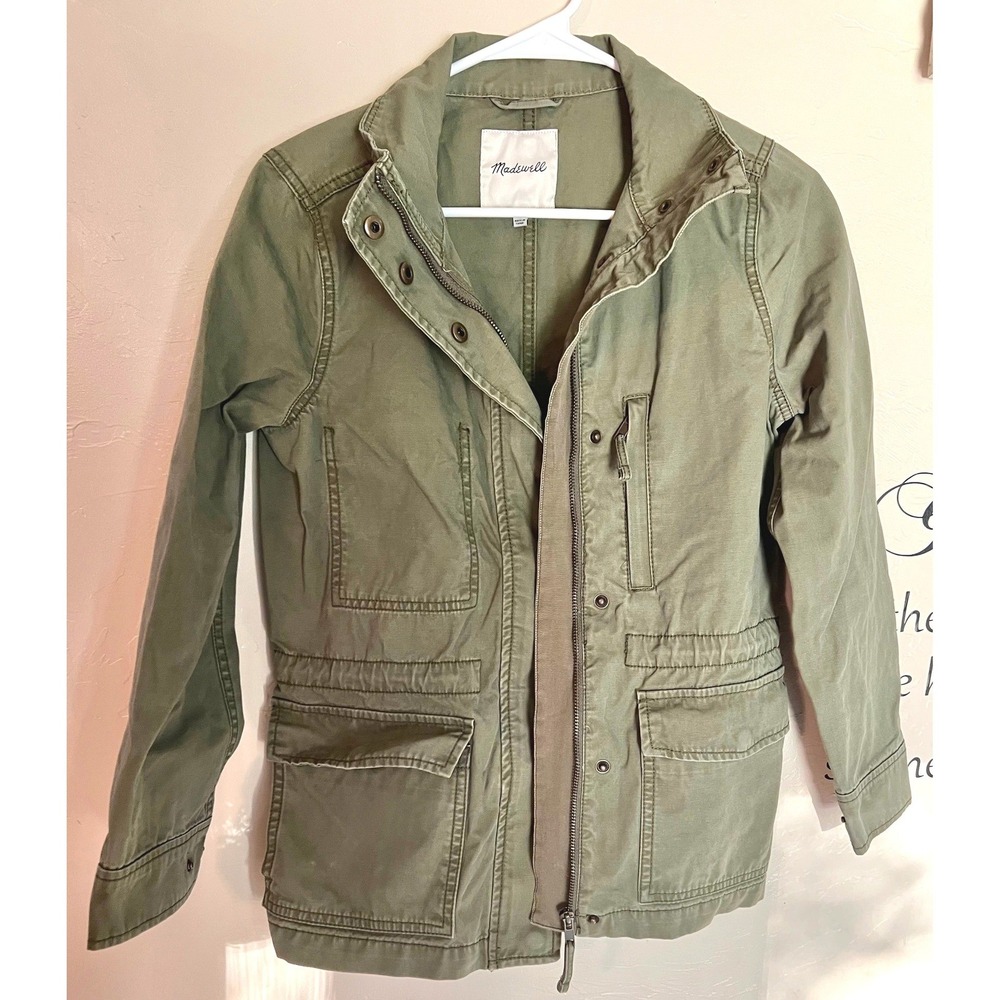 Madewell Women Olive Green Cotton Military Utility Field Jacket XS Zip Snap Coat